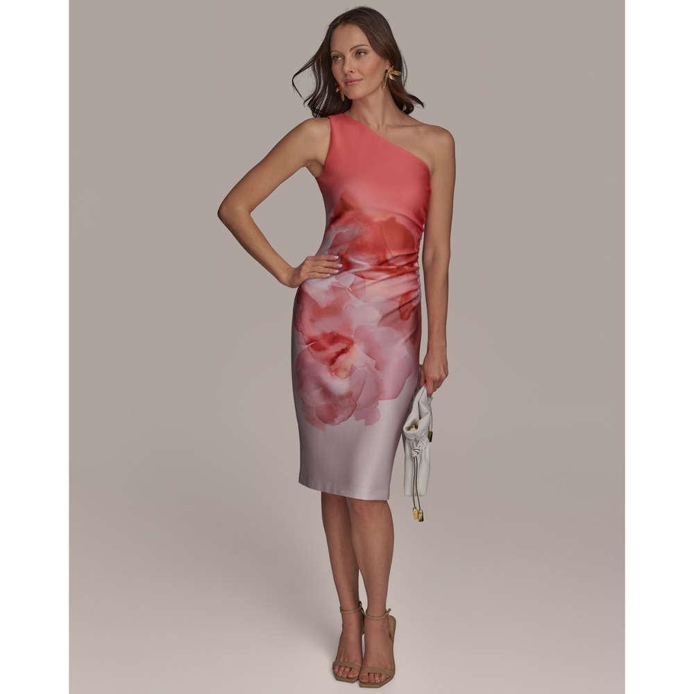 Donna Karan New York Womens One-Shoulder Midi Dress 16 Spring Melon, MSRP:169$
